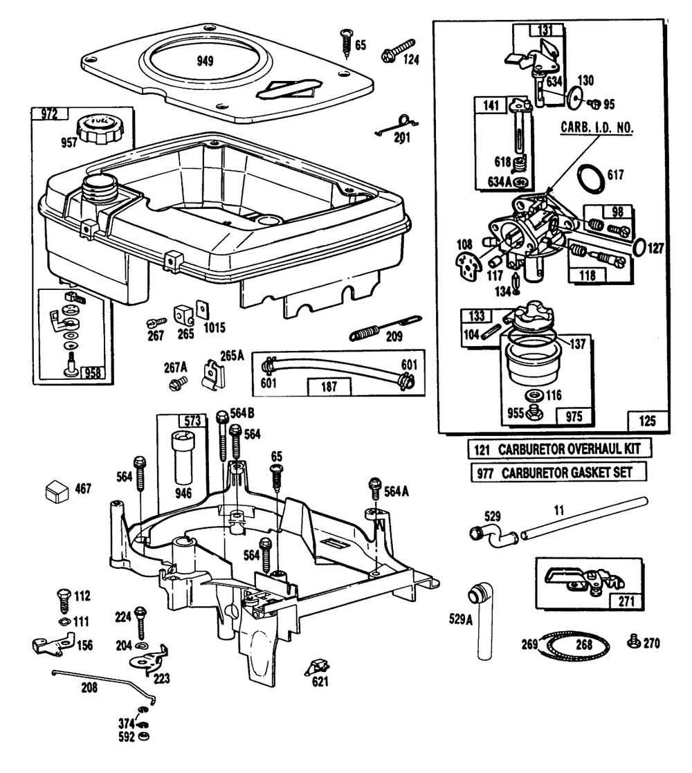 Fuel Tank Assembly Carburetor Assembly Diagram and Parts List for 100708-0102-XX  Briggs and Stratton Engine